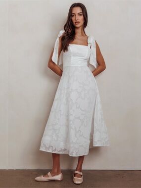 Mika and Gala Jeanie Bow Shoulder Midi Dress Embossed White Small 4